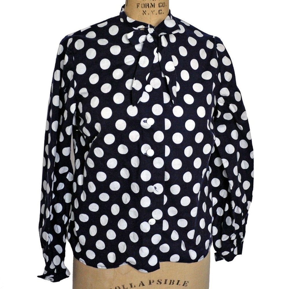 Vintage 80s Blue Polka Dot Bowtie Long Sleeve Top